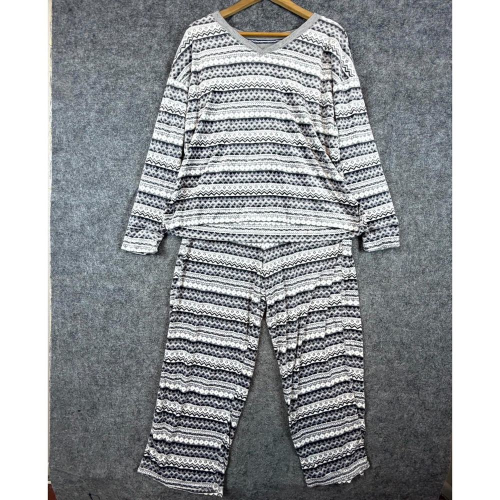 Nautica Pajama Set Womens L Black White Fairisle Fleece V-Neck Capri Sleepwear